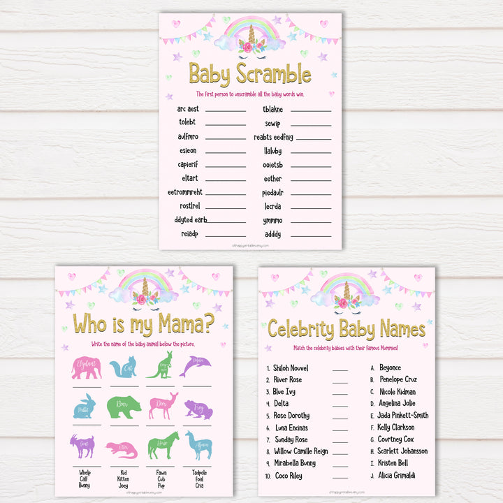 Unicorn MEGA Baby Shower Games 9 Pack Bundle