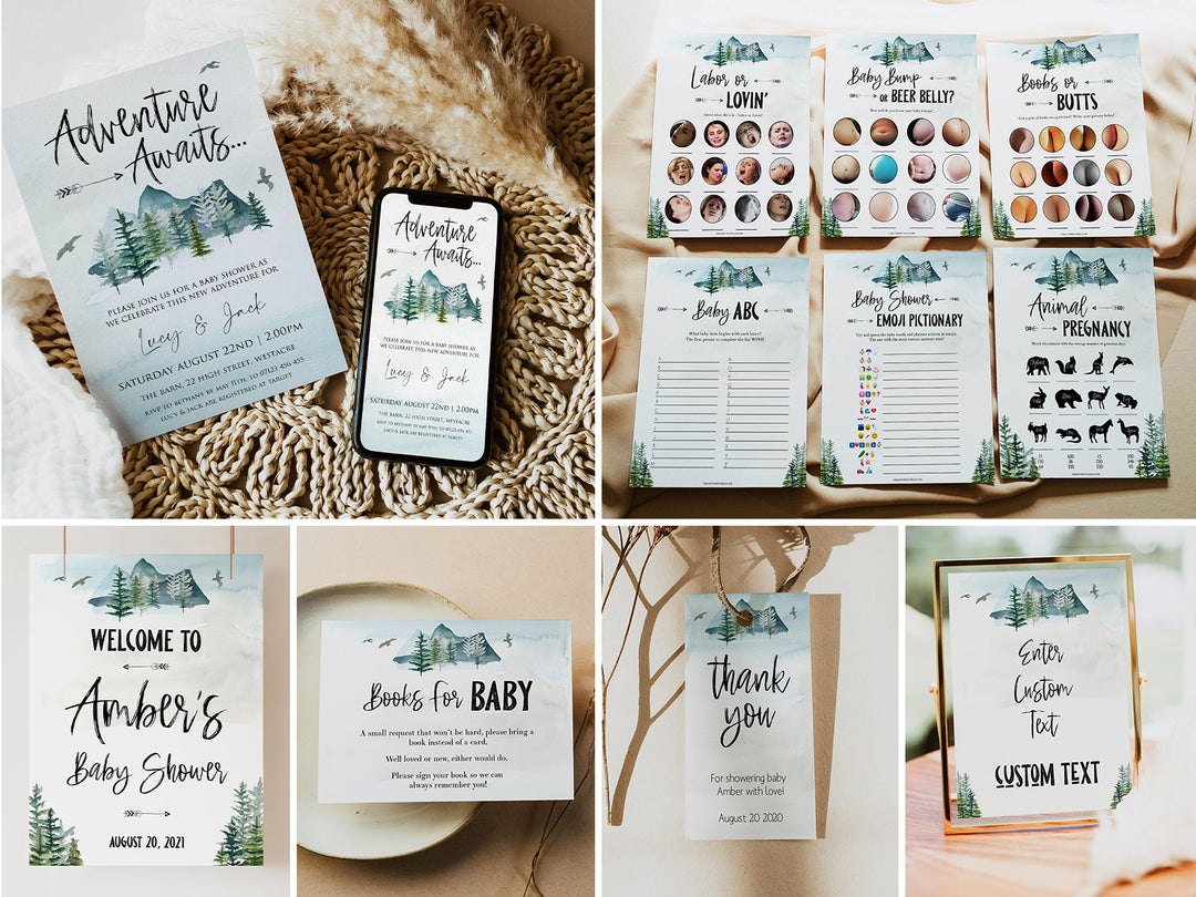 full baby shower bundle, baby shower games, baby welcome sign, mega baby shower bundle, adventure awaits baby shower