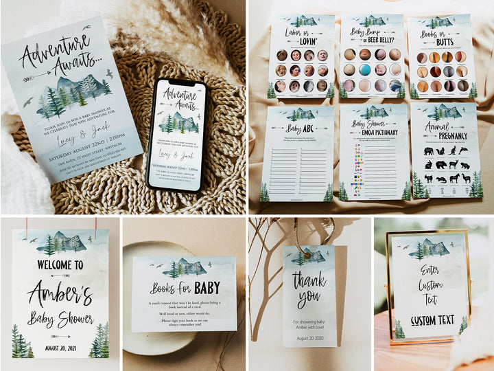 full baby shower bundle, baby shower games, baby welcome sign, mega baby shower bundle, adventure awaits baby shower