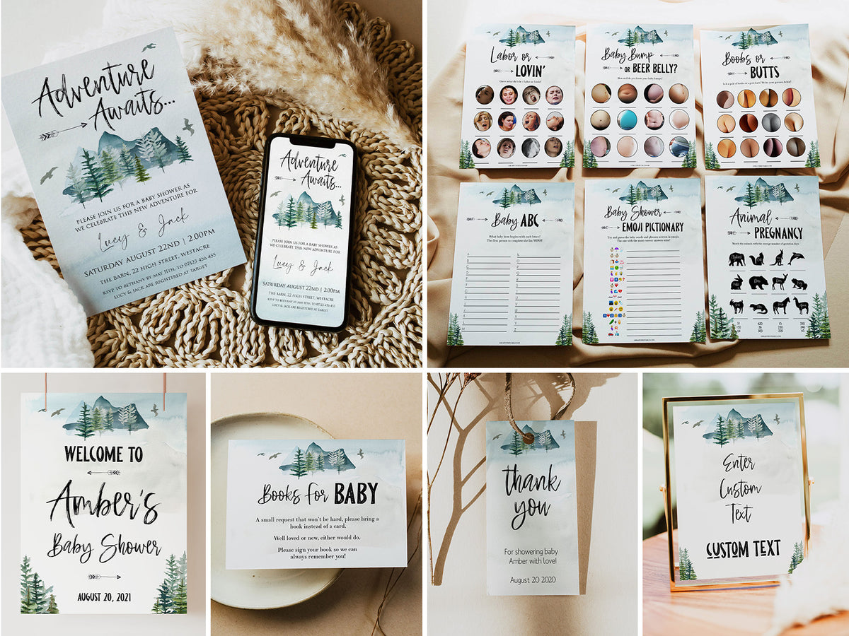 full baby shower bundle, baby shower games, baby welcome sign, mega baby shower bundle, adventure awaits baby shower