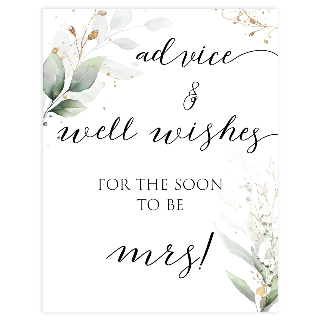 advice and well wishes sign, Printable bridal shower signs, greenery bridal shower decor, gold leaf bridal shower decor ideas, fun bridal shower decor, bridal shower game ideas, greenery bridal shower ideas