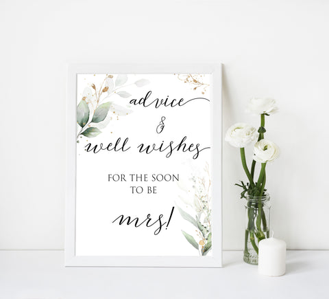 advice and well wishes sign, Printable bridal shower signs, greenery bridal shower decor, gold leaf bridal shower decor ideas, fun bridal shower decor, bridal shower game ideas, greenery bridal shower ideas
