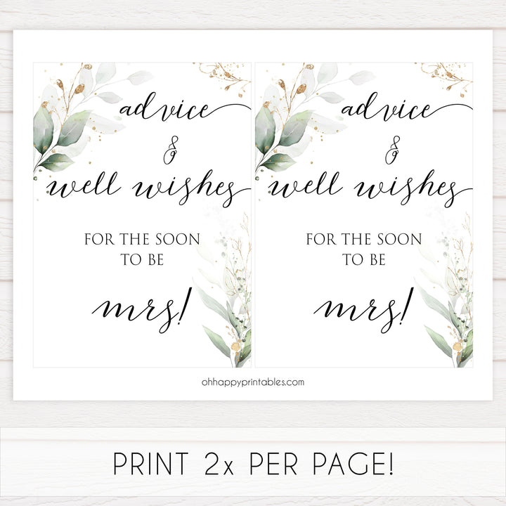 advice and well wishes sign, Printable bridal shower signs, greenery bridal shower decor, gold leaf bridal shower decor ideas, fun bridal shower decor, bridal shower game ideas, greenery bridal shower ideas