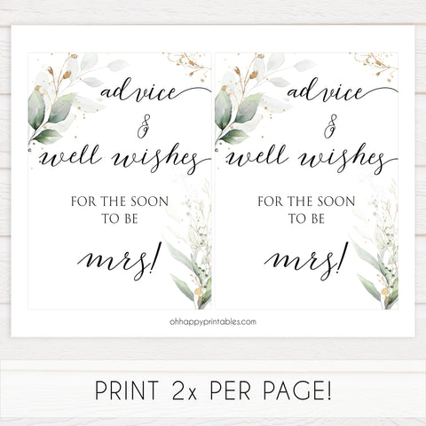 advice and well wishes sign, Printable bridal shower signs, greenery bridal shower decor, gold leaf bridal shower decor ideas, fun bridal shower decor, bridal shower game ideas, greenery bridal shower ideas