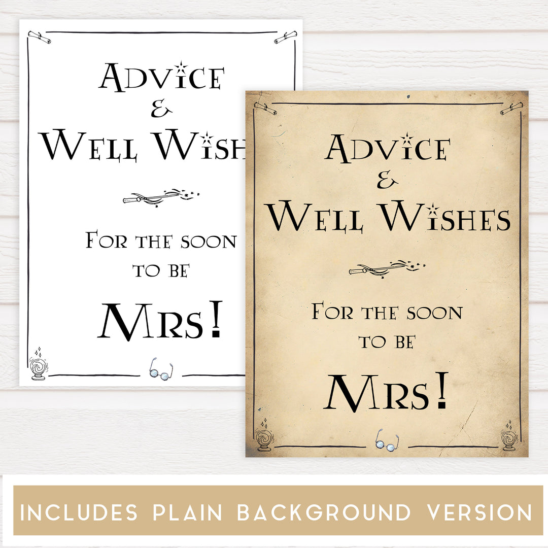 advice and well wishes for the bride, Printable bridal shower signs, Harry Potter bridal shower decor, Harry Potter bridal shower decor ideas, fun bridal shower decor, bridal shower game ideas, Harry Potter bridal shower ideas