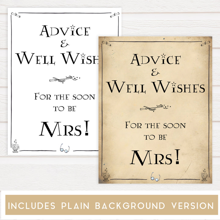 advice and well wishes for the bride, Printable bridal shower signs, Harry Potter bridal shower decor, Harry Potter bridal shower decor ideas, fun bridal shower decor, bridal shower game ideas, Harry Potter bridal shower ideas