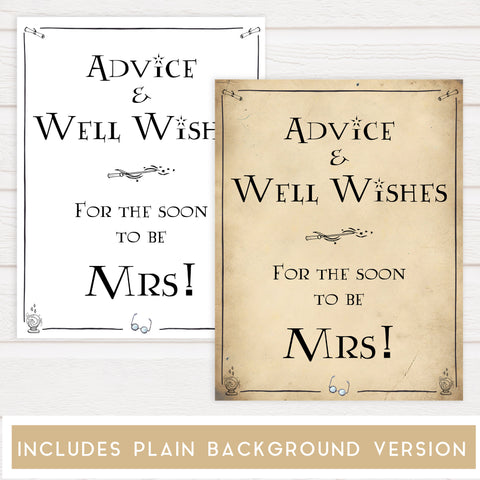 advice and well wishes for the bride, Printable bridal shower signs, Harry Potter bridal shower decor, Harry Potter bridal shower decor ideas, fun bridal shower decor, bridal shower game ideas, Harry Potter bridal shower ideas