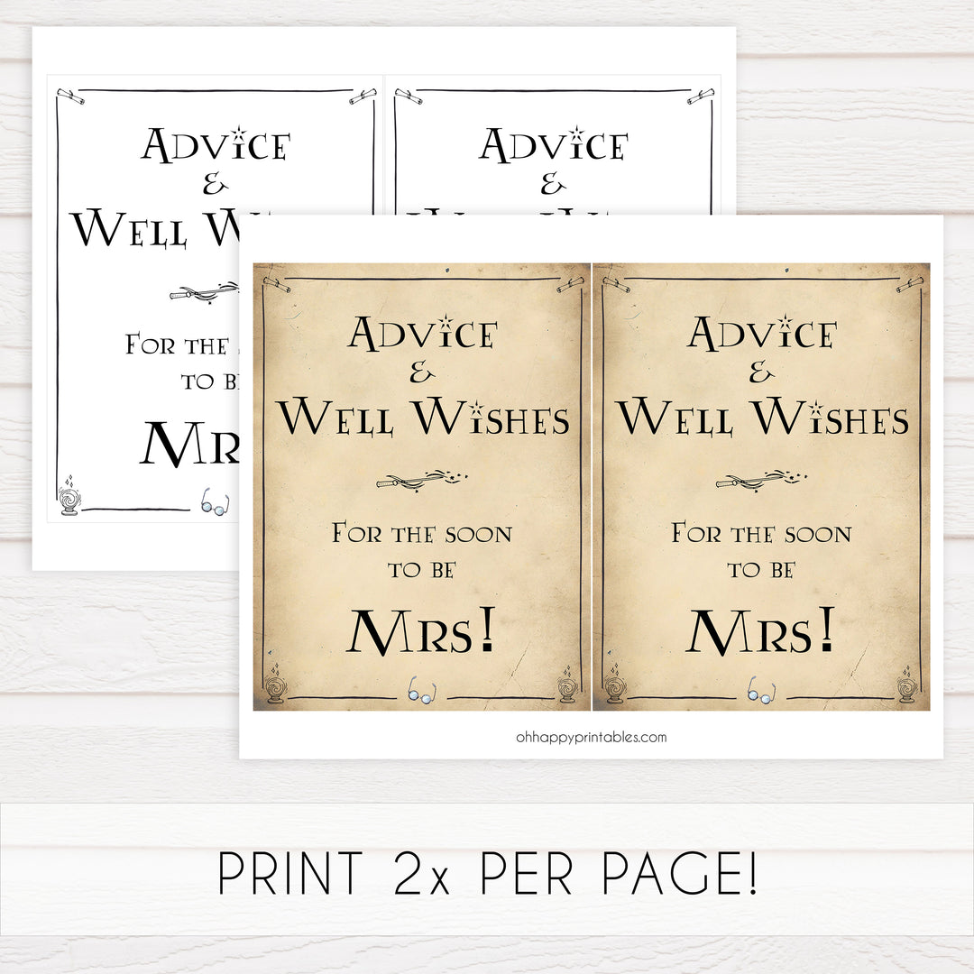 advice and well wishes for the bride, Printable bridal shower signs, Harry Potter bridal shower decor, Harry Potter bridal shower decor ideas, fun bridal shower decor, bridal shower game ideas, Harry Potter bridal shower ideas