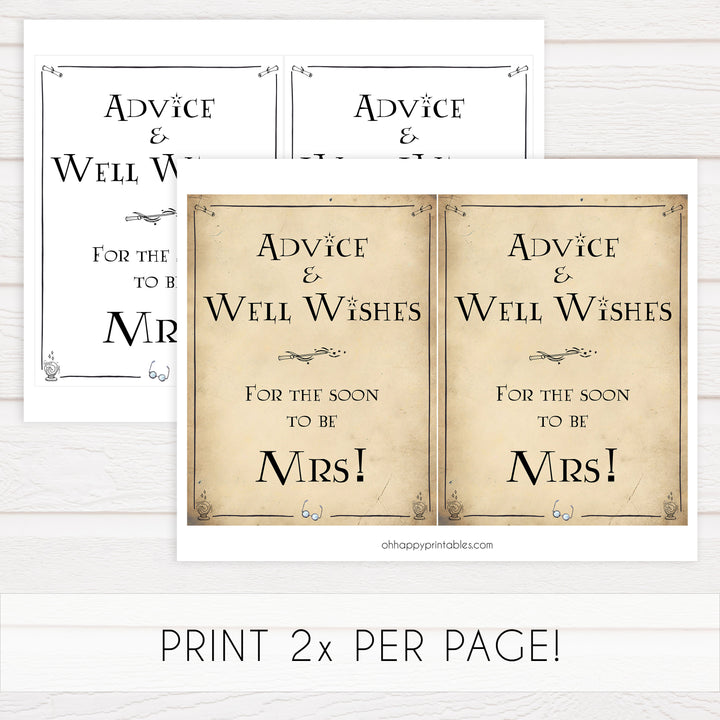 advice and well wishes for the bride, Printable bridal shower signs, Harry Potter bridal shower decor, Harry Potter bridal shower decor ideas, fun bridal shower decor, bridal shower game ideas, Harry Potter bridal shower ideas