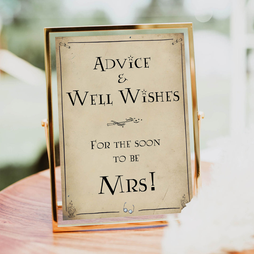 advice and well wishes for the bride, Printable bridal shower signs, Harry Potter bridal shower decor, Harry Potter bridal shower decor ideas, fun bridal shower decor, bridal shower game ideas, Harry Potter bridal shower ideas