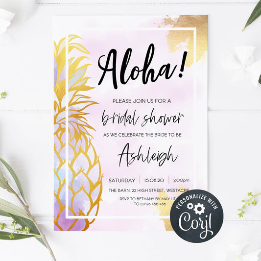 editable aloha bridal shower invitation, editable bridal shower invites, editable hen party invite, editable pineapple bridal shower invites