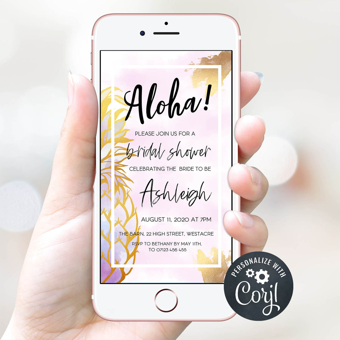 editable aloha bridal shower invitation, editable bachelorette invitation, editable bridal shower invitations, pineapple bridal shower invitation