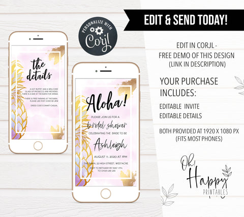 editable aloha bridal shower invitation, editable bachelorette invitation, editable bridal shower invitations, pineapple bridal shower invitation