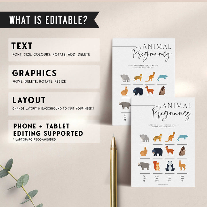 animal pregnancy baby shower game, printable baby shower games, editable baby shower games, modern baby shower games, minimalist baby shower