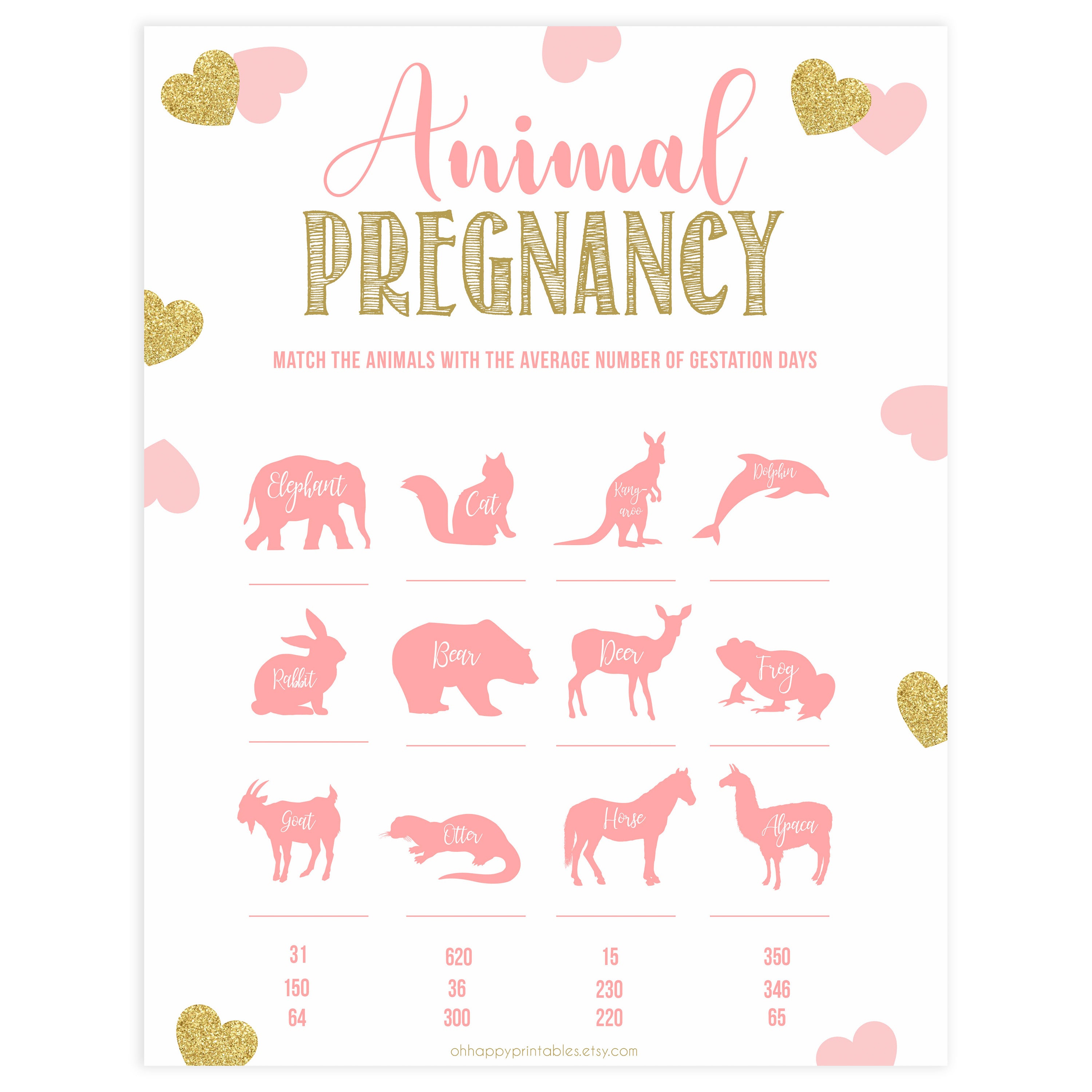 animal pregnancy game, baby animal game, Printable baby shower games, large pink hearts fun baby games, baby shower games, fun baby shower ideas, top baby shower ideas, gold pink hearts shower baby shower, pink hearts baby shower ideas
