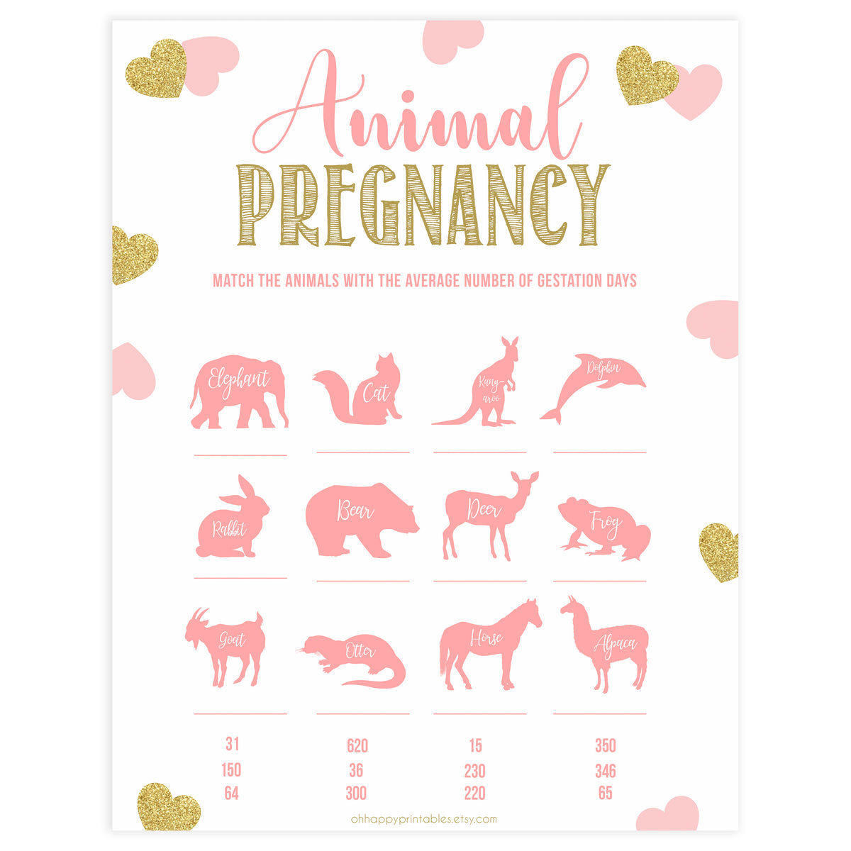 animal pregnancy game, baby animal game, Printable baby shower games, large pink hearts fun baby games, baby shower games, fun baby shower ideas, top baby shower ideas, gold pink hearts shower baby shower, pink hearts baby shower ideas