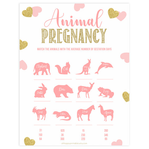 animal pregnancy game, baby animal game, Printable baby shower games, large pink hearts fun baby games, baby shower games, fun baby shower ideas, top baby shower ideas, gold pink hearts shower baby shower, pink hearts baby shower ideas