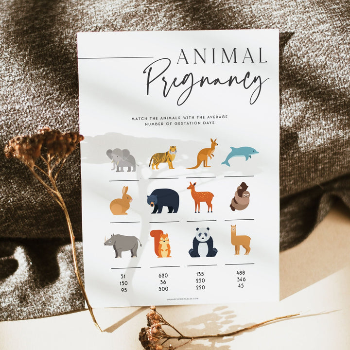 animal pregnancy baby shower game, printable baby shower games, editable baby shower games, modern baby shower games, minimalist baby shower