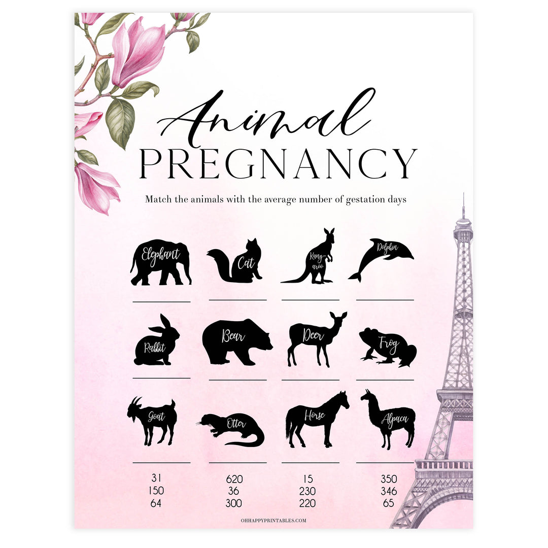 animal pregnancy baby shower game, Parisian baby shower games, printable baby shower games, Paris baby shower games, fun baby shower games