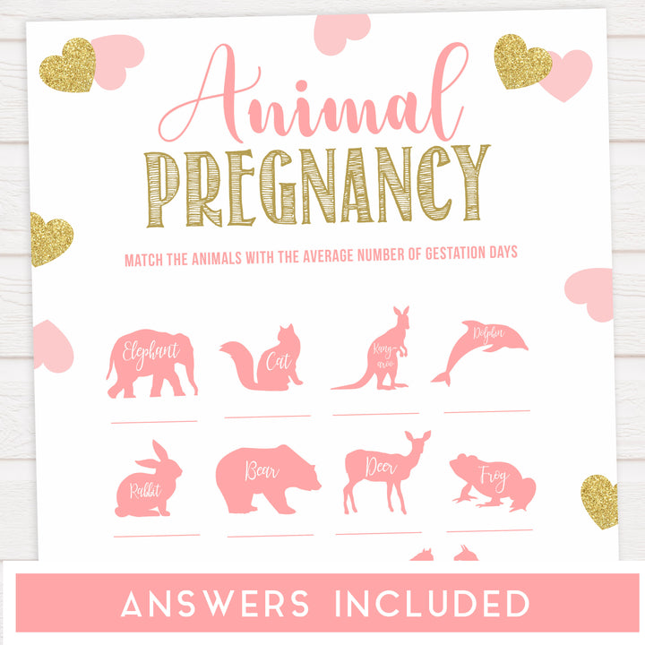 animal pregnancy game, baby animal game, Printable baby shower games, large pink hearts fun baby games, baby shower games, fun baby shower ideas, top baby shower ideas, gold pink hearts shower baby shower, pink hearts baby shower ideas