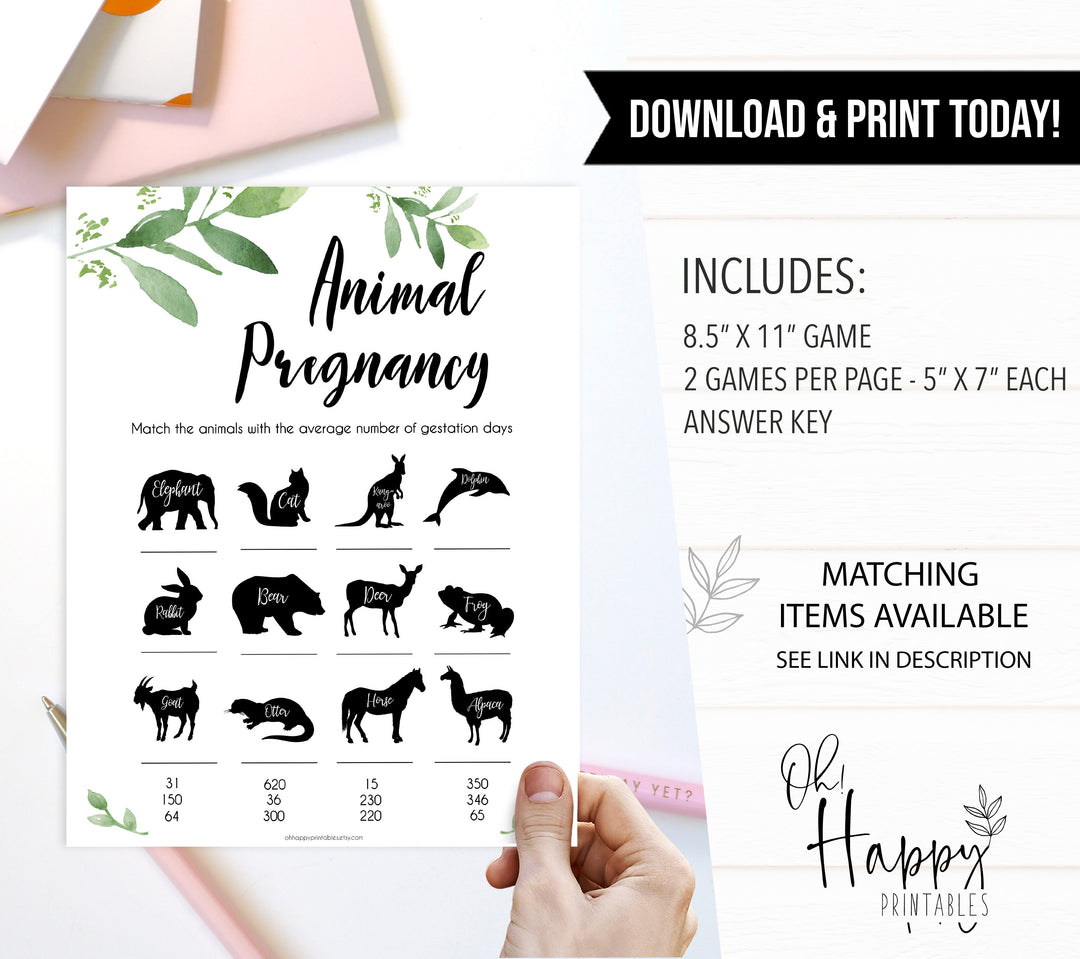 Botanical baby shower animal pregnancy game, eucalyptus baby games, top baby shower games, funny baby games