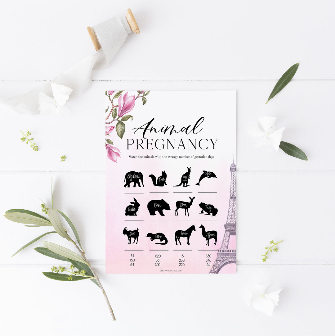 animal pregnancy baby shower game, Parisian baby shower games, printable baby shower games, Paris baby shower games, fun baby shower games