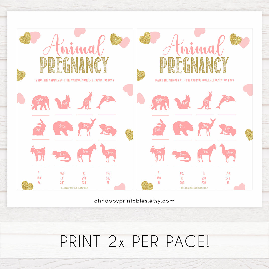 animal pregnancy game, baby animal game, Printable baby shower games, large pink hearts fun baby games, baby shower games, fun baby shower ideas, top baby shower ideas, gold pink hearts shower baby shower, pink hearts baby shower ideas