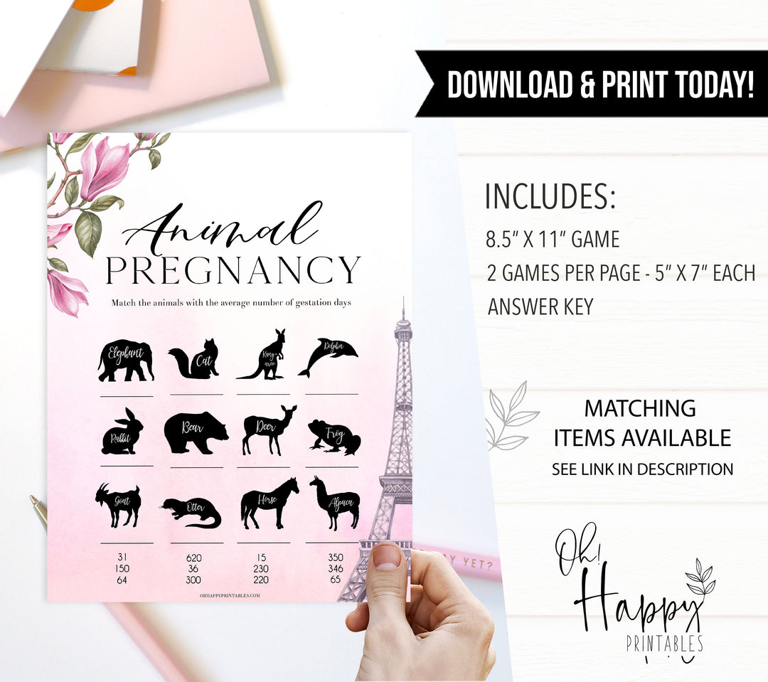 animal pregnancy baby shower game, Parisian baby shower games, printable baby shower games, Paris baby shower games, fun baby shower games
