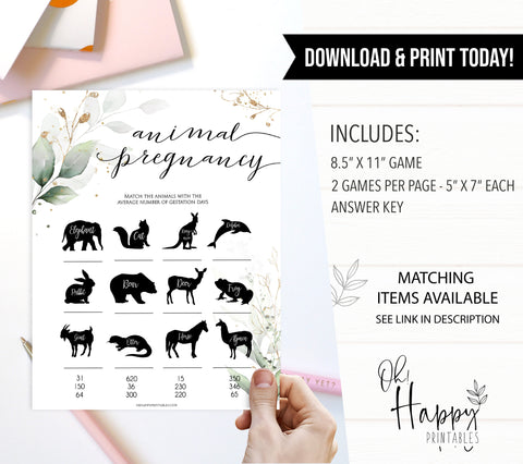 Gold green leaf baby games, animal pregnancy baby game,  printable baby games, fun baby games, top baby games to play, gold leaf baby shower, greenery baby shower ideas