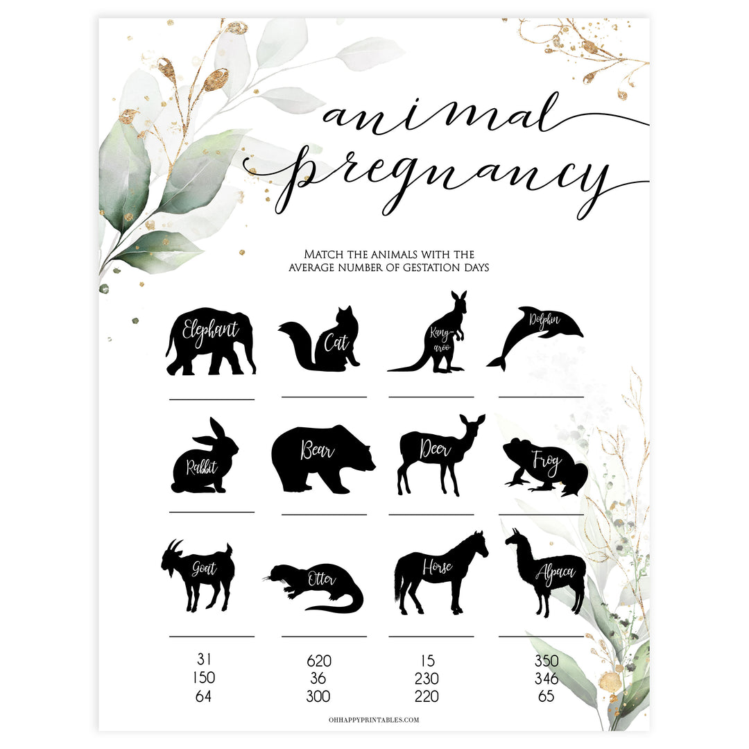 Gold green leaf baby games, animal pregnancy baby game,  printable baby games, fun baby games, top baby games to play, gold leaf baby shower, greenery baby shower ideas