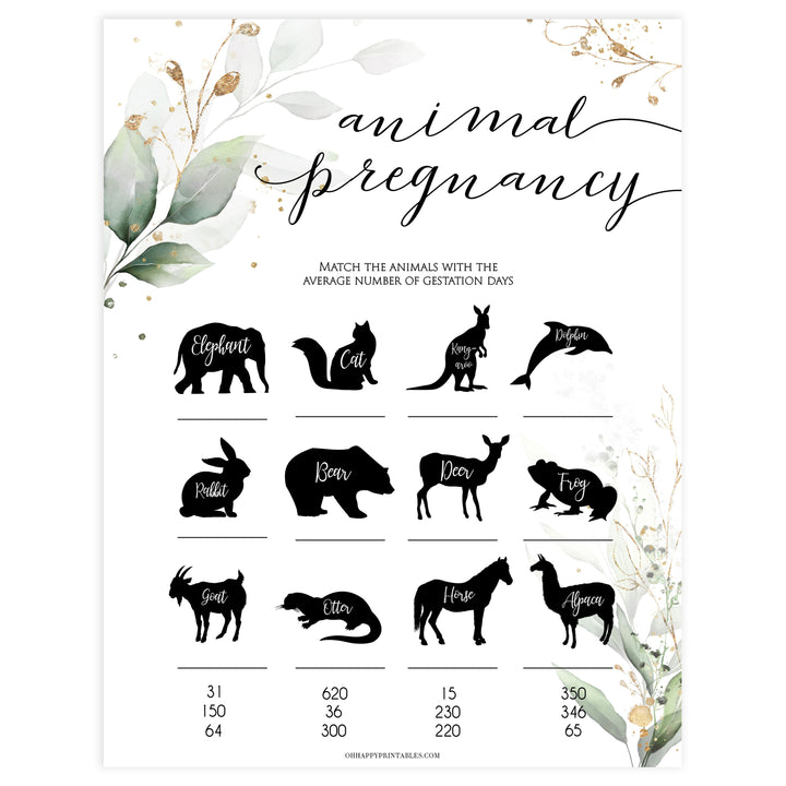 Gold green leaf baby games, animal pregnancy baby game,  printable baby games, fun baby games, top baby games to play, gold leaf baby shower, greenery baby shower ideas