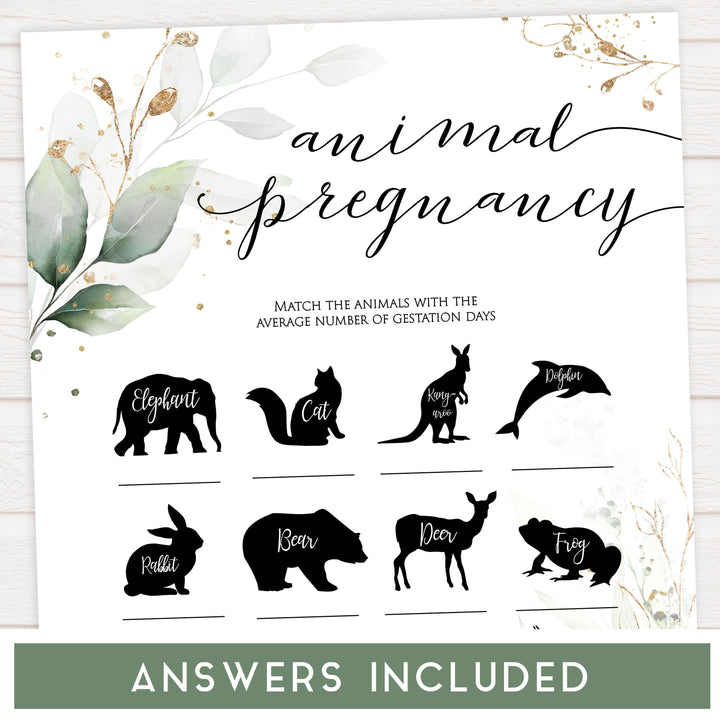 Gold green leaf baby games, animal pregnancy baby game,  printable baby games, fun baby games, top baby games to play, gold leaf baby shower, greenery baby shower ideas