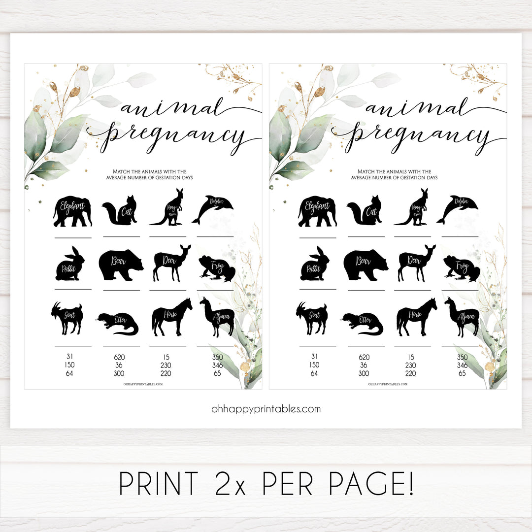 Gold green leaf baby games, animal pregnancy baby game,  printable baby games, fun baby games, top baby games to play, gold leaf baby shower, greenery baby shower ideas