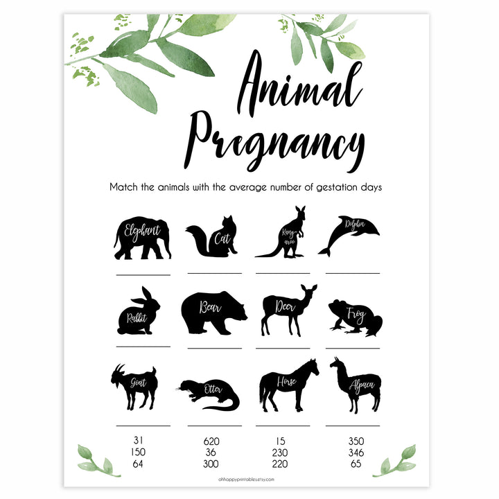 Botanical baby shower animal pregnancy game, eucalyptus baby games, top baby shower games, funny baby games