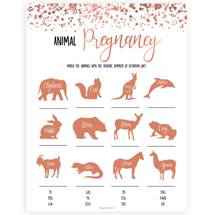 Rose Gold Animal Gestation Game, Animal Pregnancy Game, Guess the Pregnancy Time, Baby Animal Game, Animal Pregnancy Game, Baby Shower Games, printable baby shower games, fun baby shower games, popular baby shower games