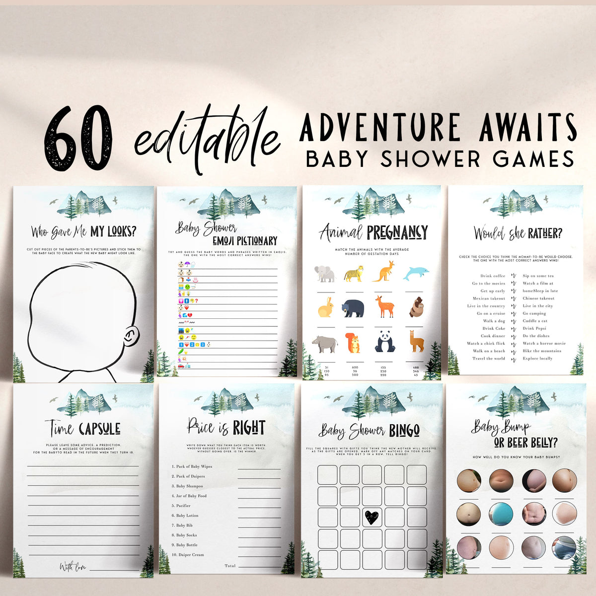 60 editable baby shower games, adventure awaits baby shower games, printable baby shower games, fun baby shower games