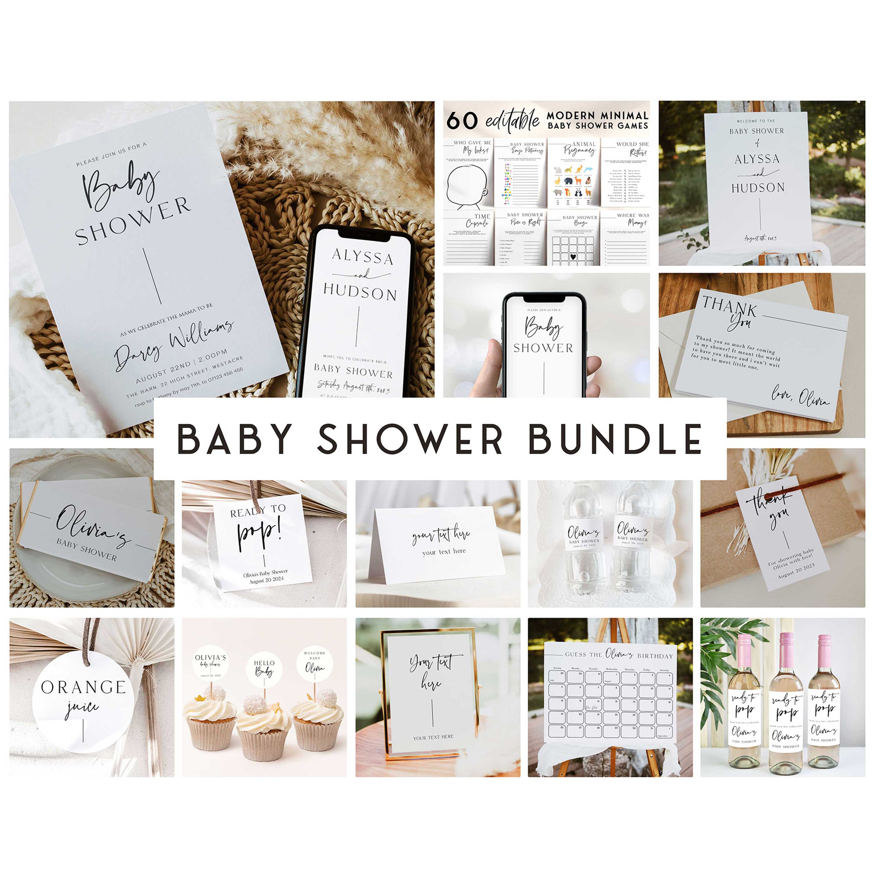 full baby shower bundle, editable baby shower games, baby shower invitations, full editable baby shower suite, minimal baby bundle