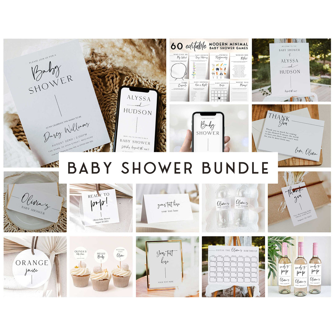 full baby shower bundle, editable baby shower games, baby shower invitations, full editable baby shower suite, minimal baby bundle