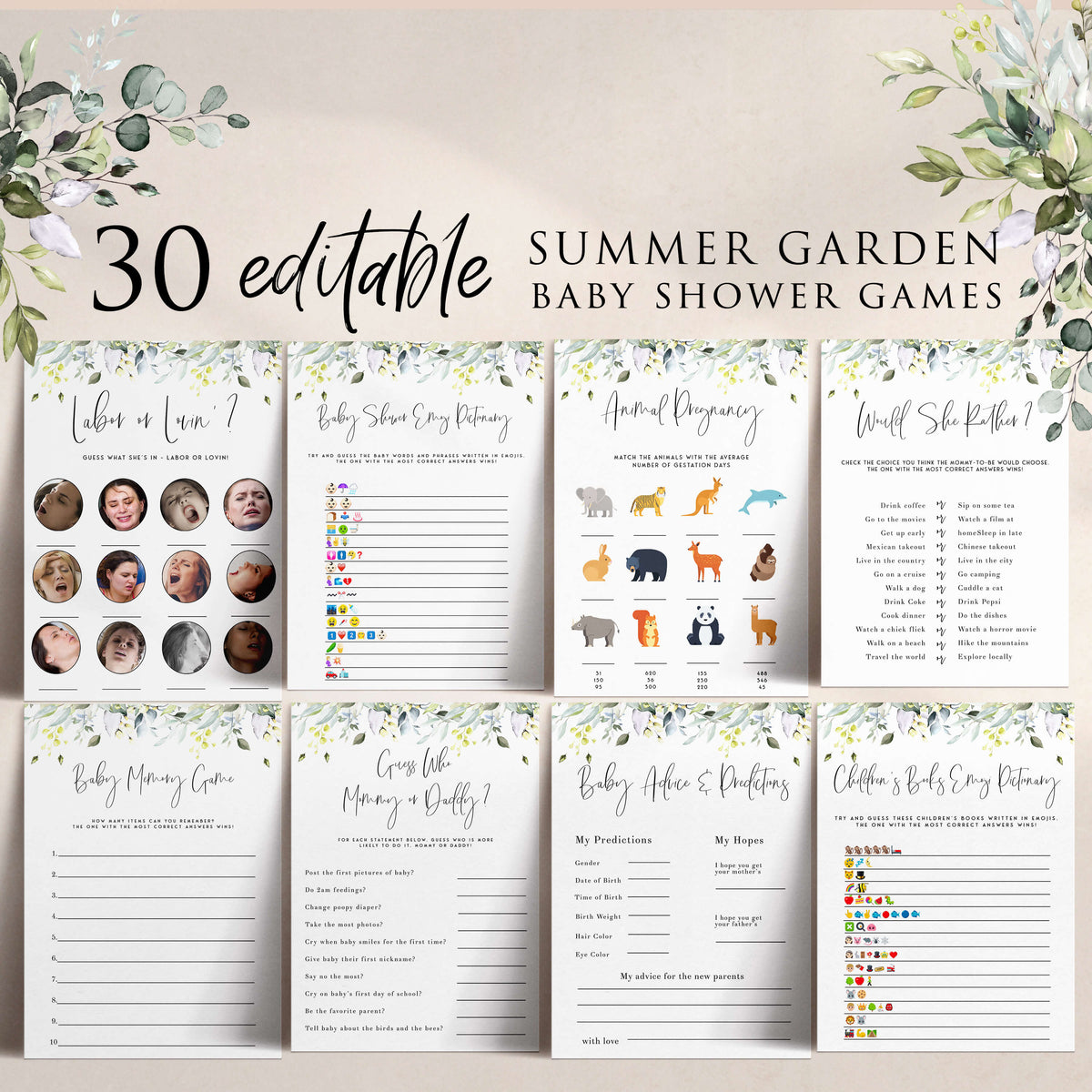 30 editable baby games, summer garden baby shower, editable baby shower games, printable baby shower games, floral baby shower games, fun baby game