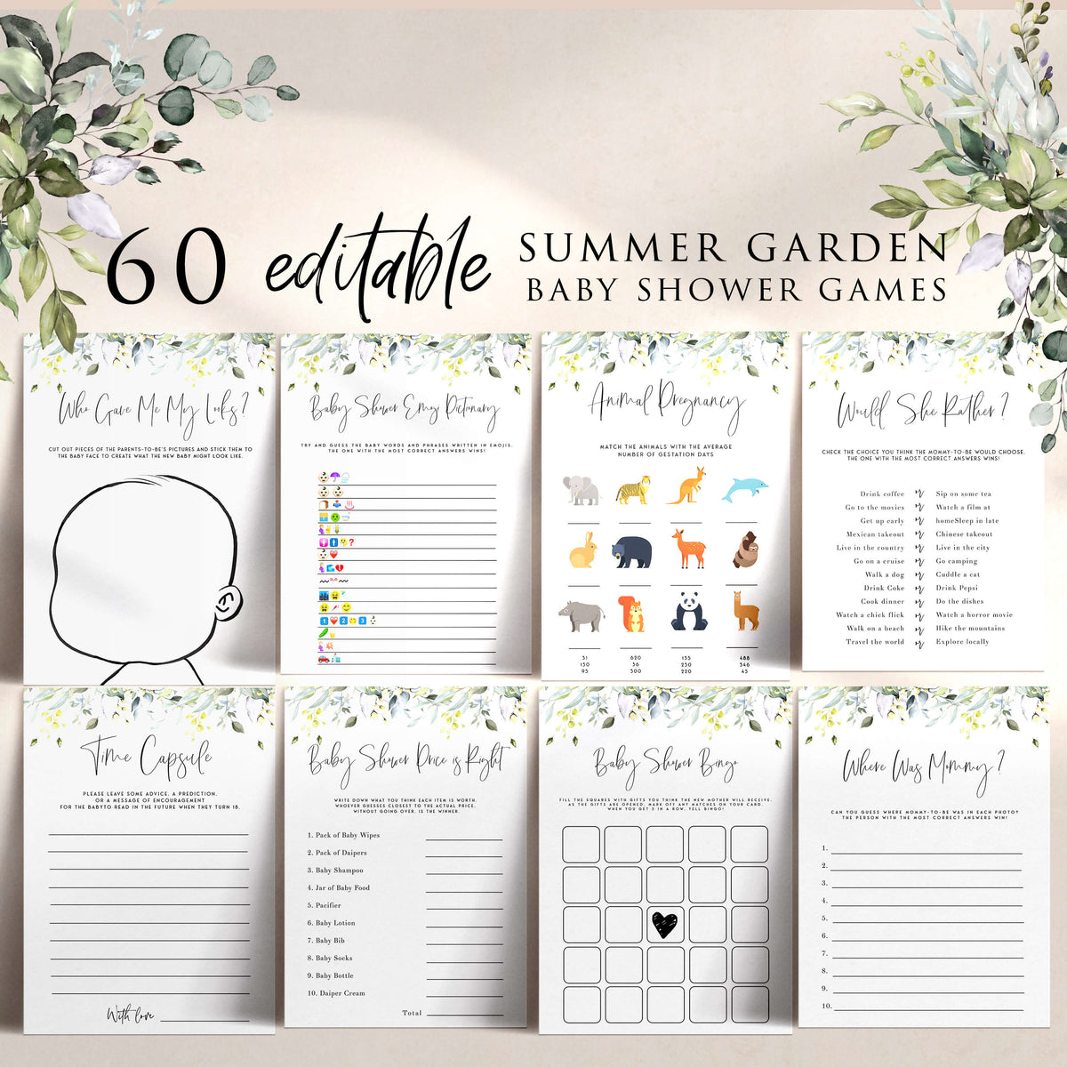 60 editable baby shower games, floral baby shower games, editable baby games, printable baby shower games, summer baby shower games