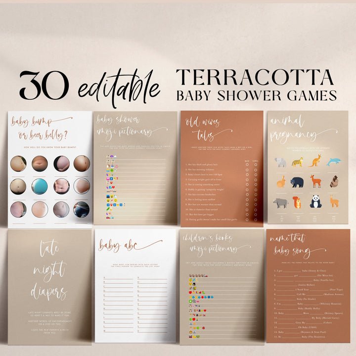 editable baby shower games, editable baby shower ideas, terracotta baby shower, terracotta baby shower ideas