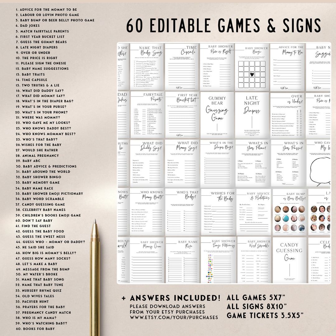 full baby shower bundle, editable baby shower games, baby shower invitations, full editable baby shower suite, minimal baby bundle