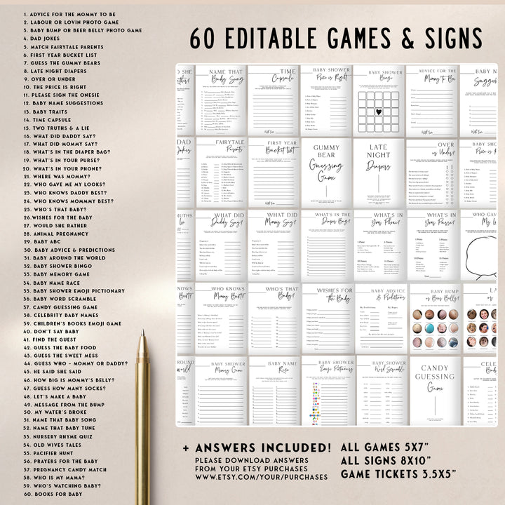 full baby shower bundle, editable baby shower games, baby shower invitations, full editable baby shower suite, minimal baby bundle