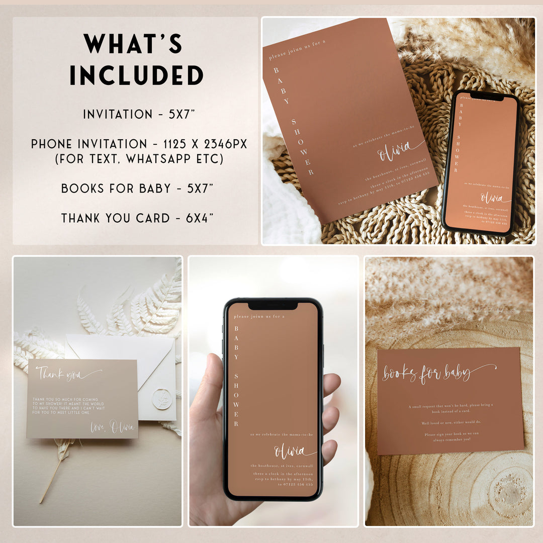 fully editable baby shower bundle, printable baby shower games, terracotta baby shower, baby shower invitations