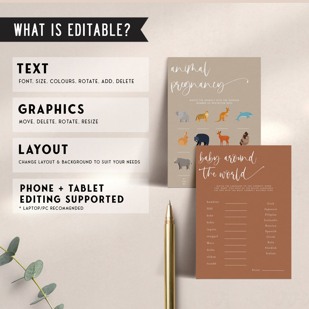 60 editable baby shower games, printable baby shower games, terracotta baby shower games, fully editable baby shower games