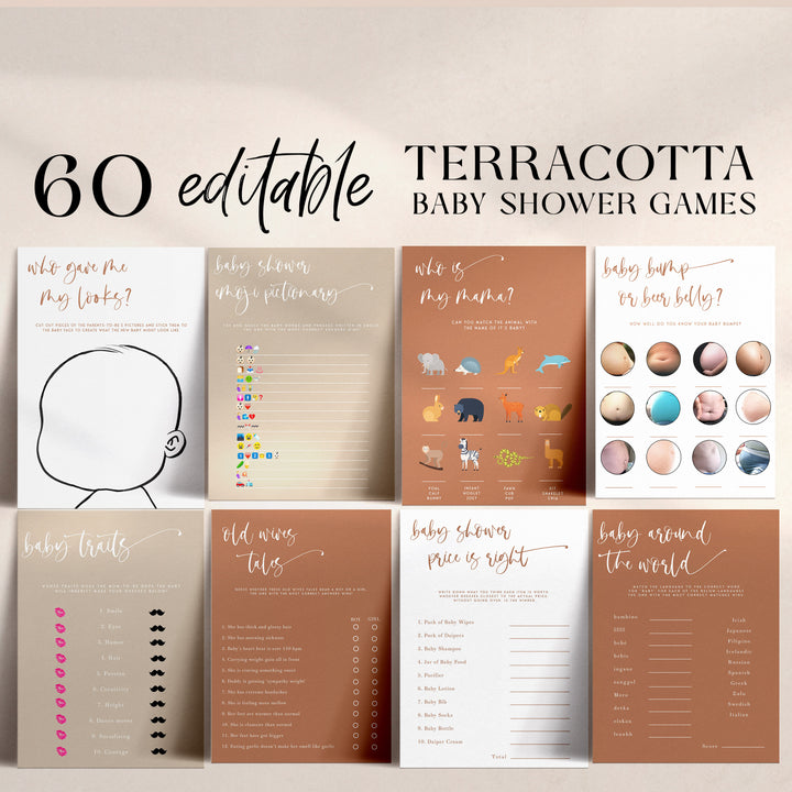 60 editable baby shower games, printable baby shower games, terracotta baby shower games, fully editable baby shower games