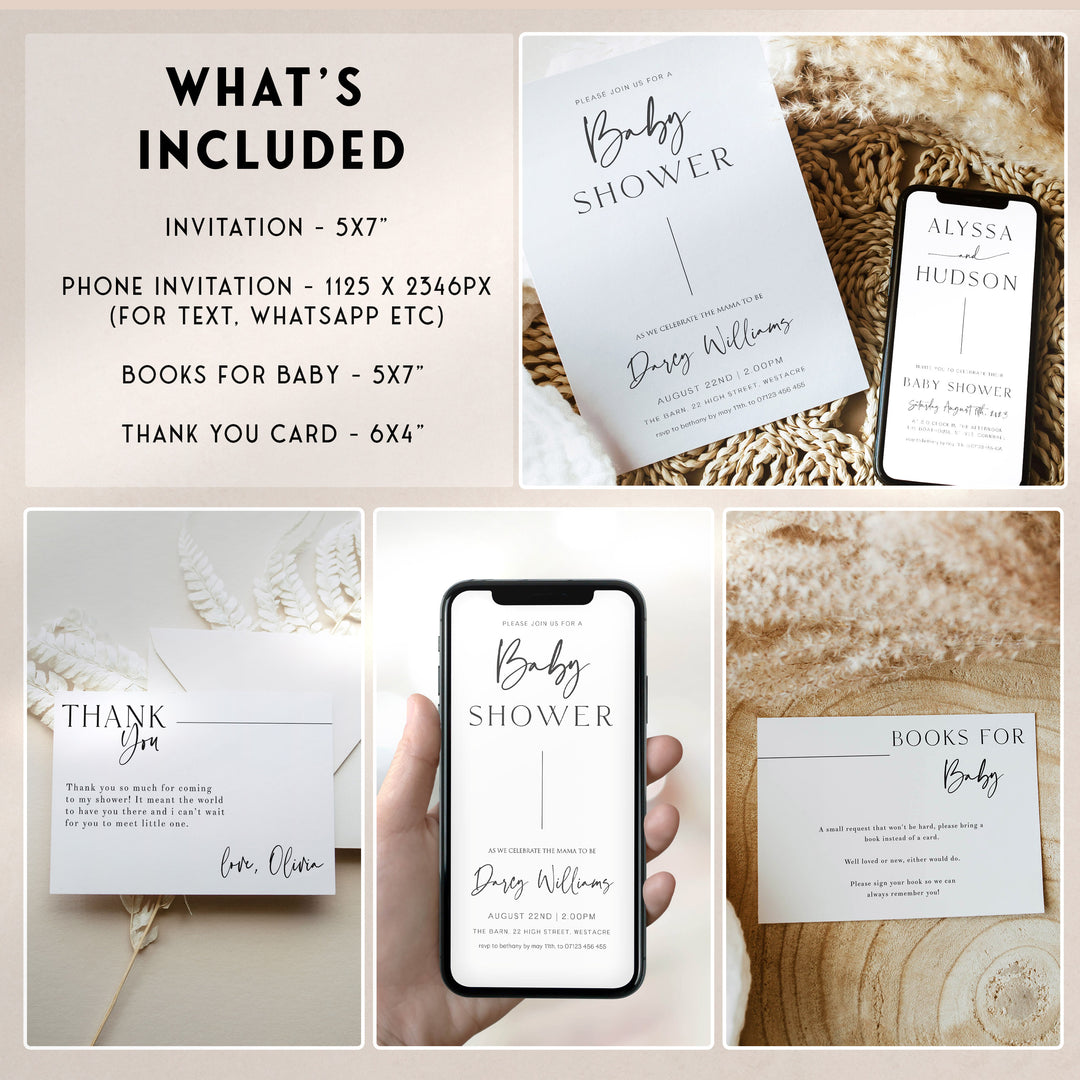 full baby shower bundle, editable baby shower games, baby shower invitations, full editable baby shower suite, minimal baby bundle