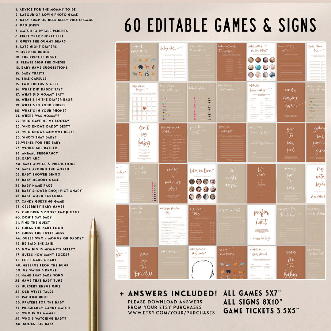 fully editable baby shower bundle, printable baby shower games, terracotta baby shower, baby shower invitations