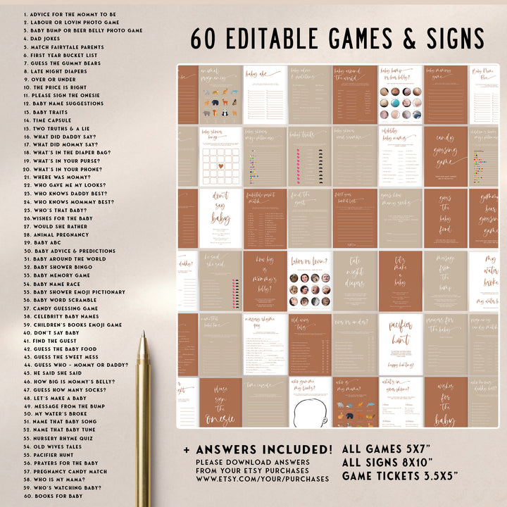 fully editable baby shower bundle, printable baby shower games, terracotta baby shower, baby shower invitations