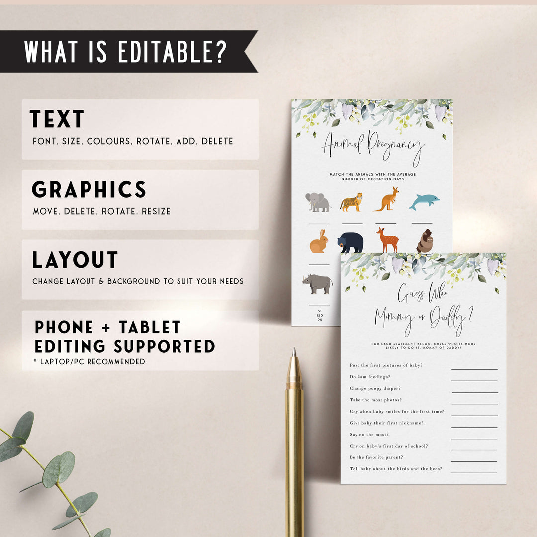 60 editable baby shower games, floral baby shower games, editable baby games, printable baby shower games, summer baby shower games